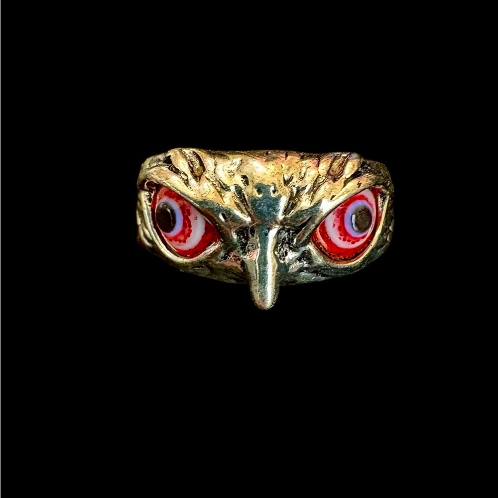Silver‎ Owl Ring with Red Accents